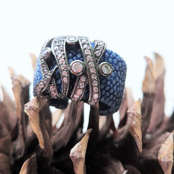 Blue Stingray Leather, Oxidized Sterling Silver, and White Topaz Adjustable Ring - Picture 1 of 13